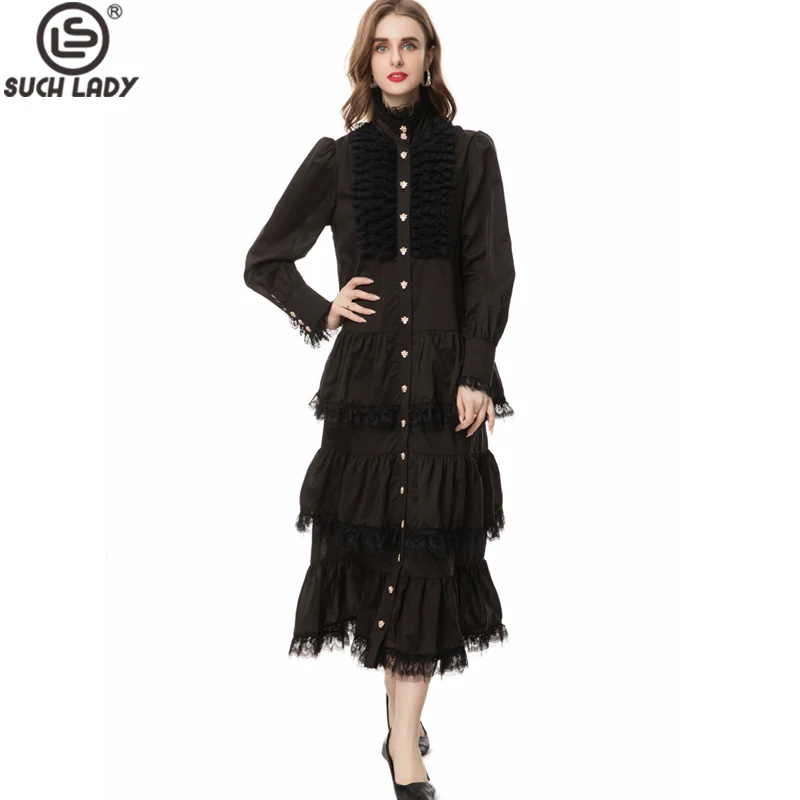 

Women's Runway Dresses Stand Collar Long Sleeves Tiered Ruffles Single Breasted Elegant Designer Maxi Vestidos