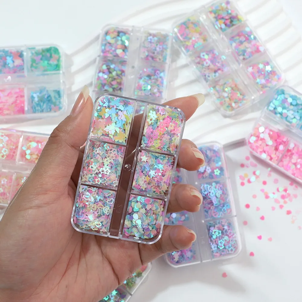 6 grades/conjunto prego glitter lantejoulas flor brilhante borboleta coração prego glitter decalques para meninas diy manicure decoração da arte do prego