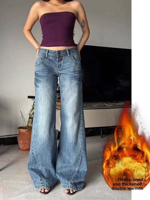 

Retro Waed Distred Denim Jeans Wide Leg Pants Floor Length Faion for plus Size Women Autumn New Sle American Trend