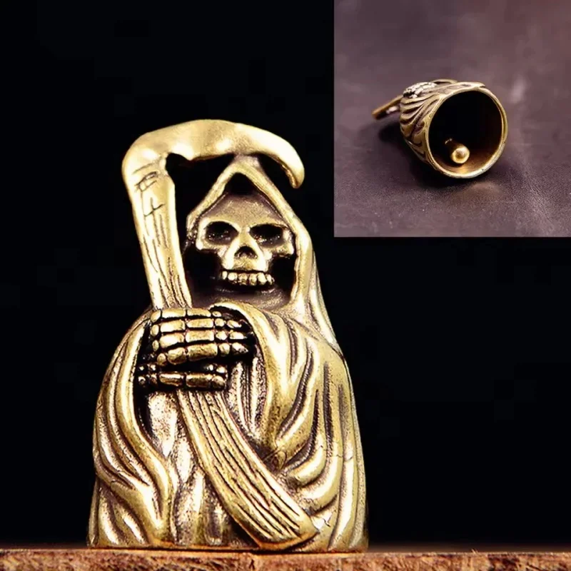 Vintage Brass Grim Reaper Bell Keychain, Death God Statue Punk Horror Ornament for Desktop & Car Decor Accessories