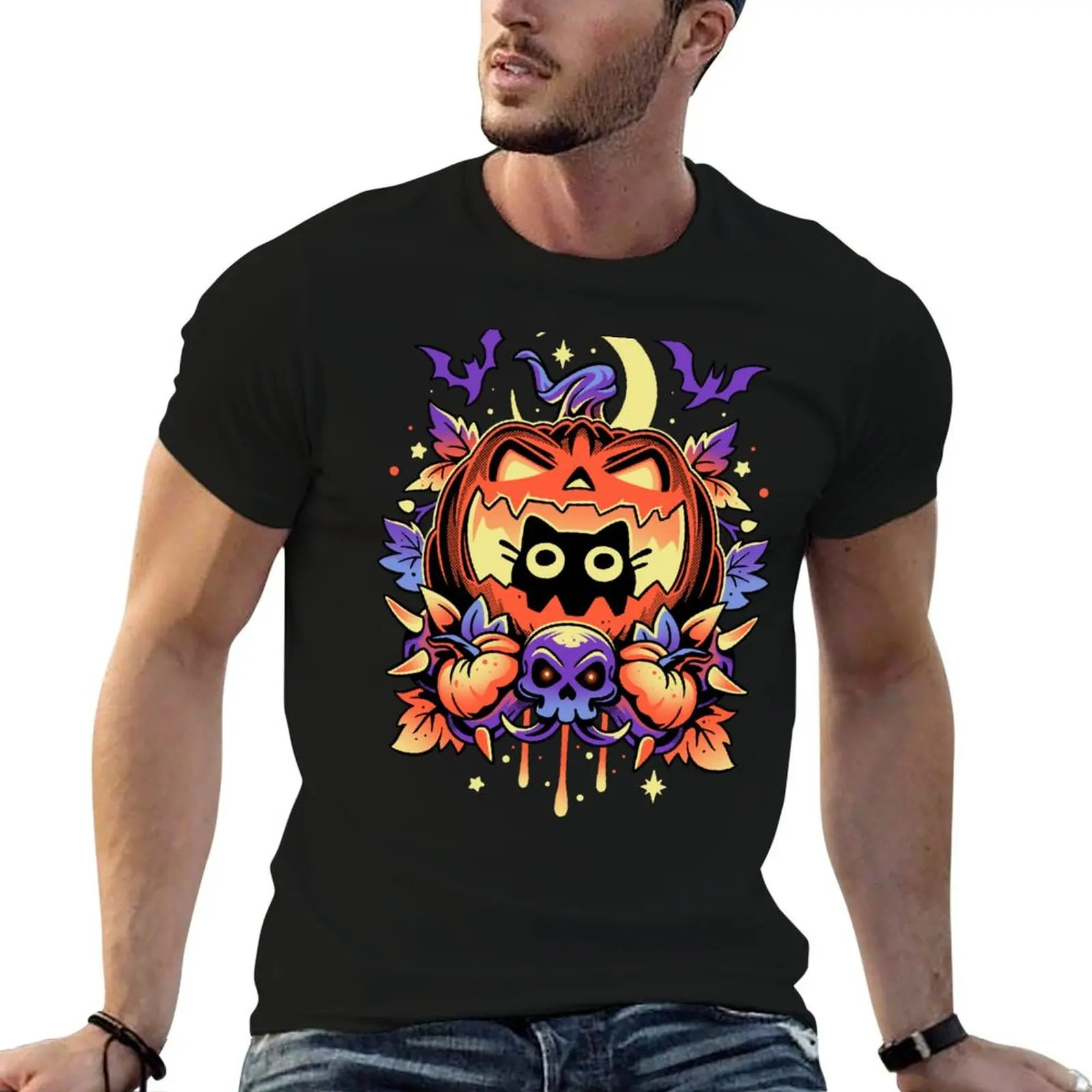 Halloween Cat Hideout - Spooky Pumpkin Long T-Shirt anime Short sleeve tee anime figures summer top plain t shirts men