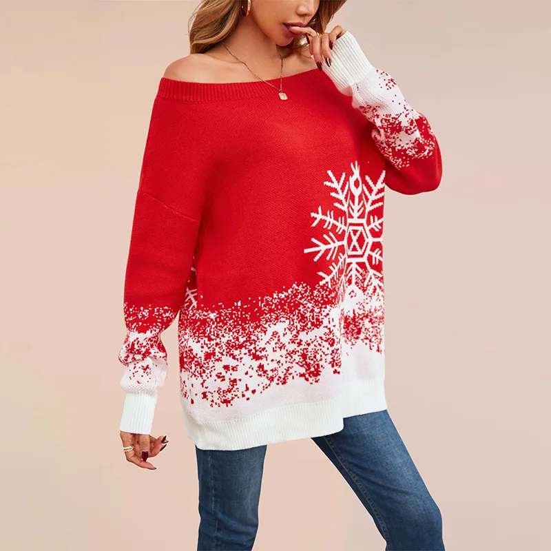 Women Off Shoulder Knit Sweater Christmas Snowflake Gradient Print Long Sleeve Loose Pullover Xmas Party Festive Top