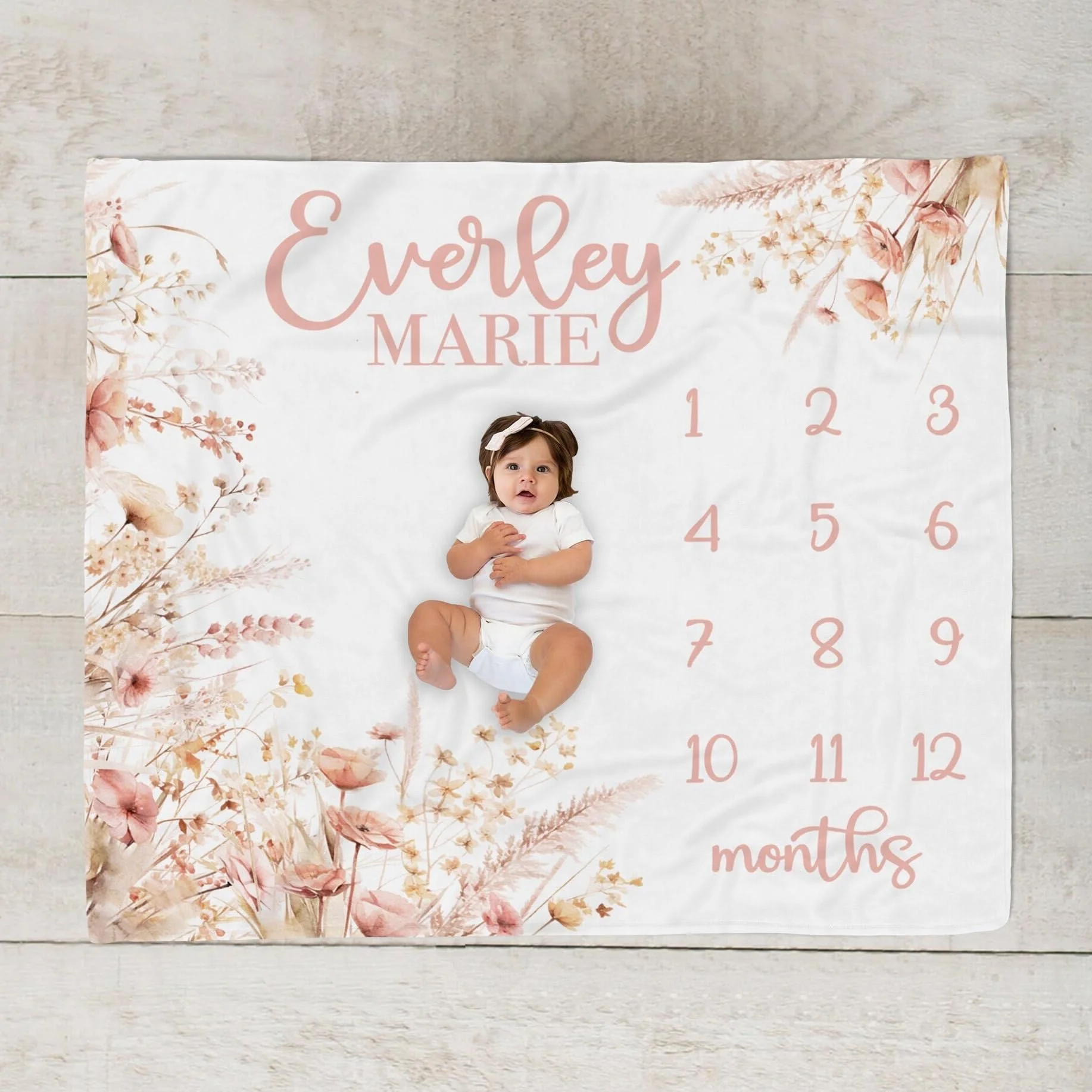 VIKAMA Baby Photography Swaddle Blanket Princess Crown Watercolour Floral Print 12-Month Milestone Blanket