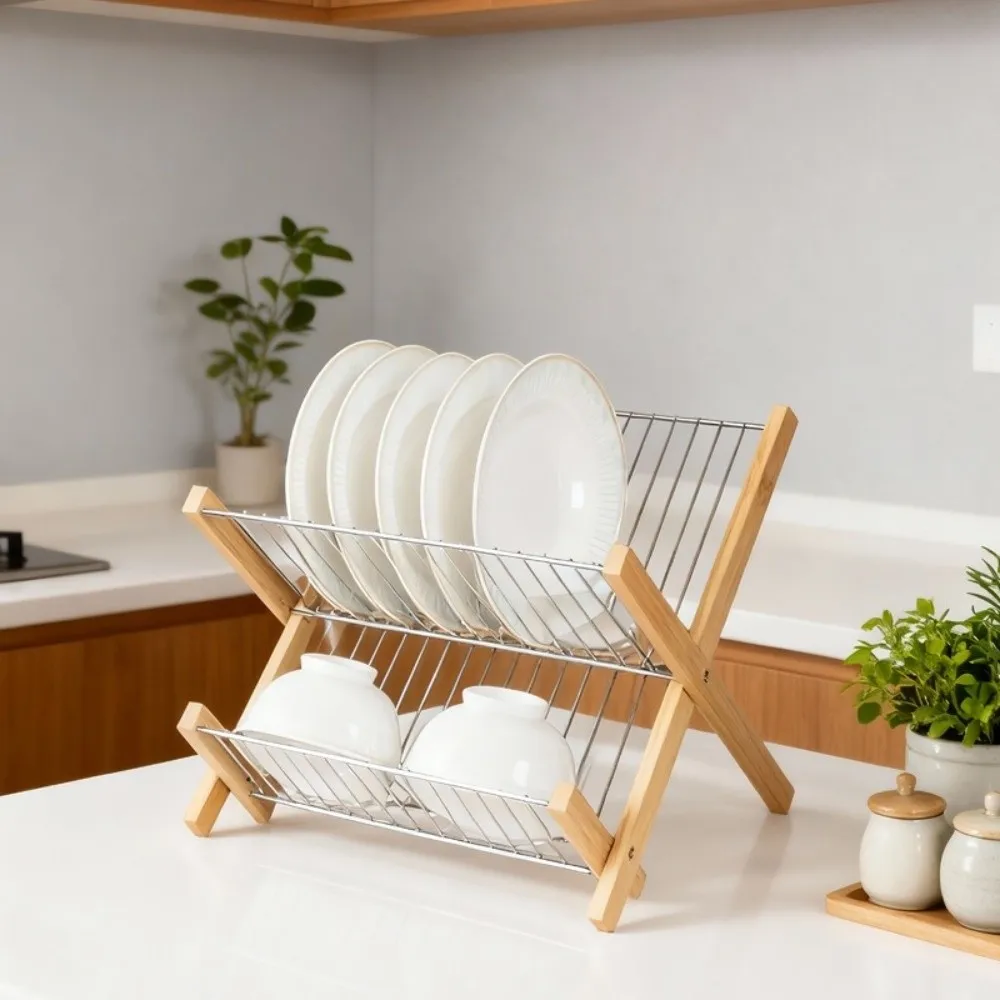 New Bamboo Foldable Dish Rack Multi-layer Foldable Dish Storage Rack Space-saving Bamboo Drain Rack For Kitchen
