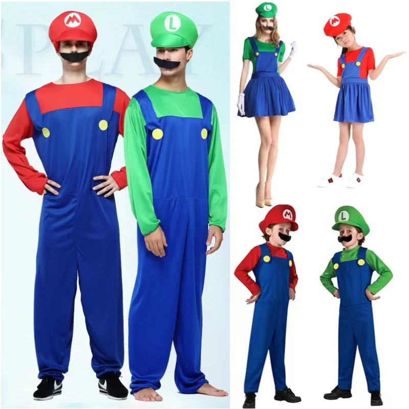 Super Luigi Cosplay Costume Adult Jumpsuit Beard Hat Men and Women Set kid Halloween Costume