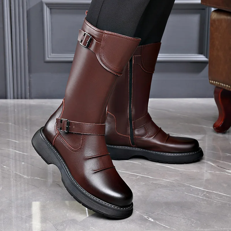 Botas de caballero alto para hombre, zapatos de cuero originales, botas de plataforma de diseñador de marca, botas largas de motocicleta, moda de lujo, Otoño e Invierno