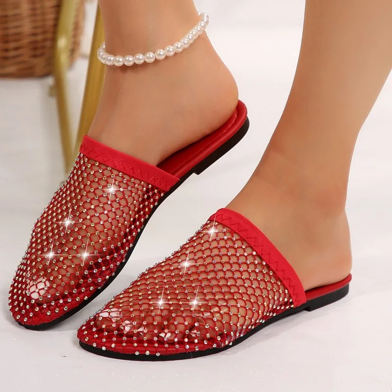 Pantofole da donna New Summer Flat Bottom strass Outdoor sandali antiscivolo Grid Designer comode pantofole Casual Slides Women