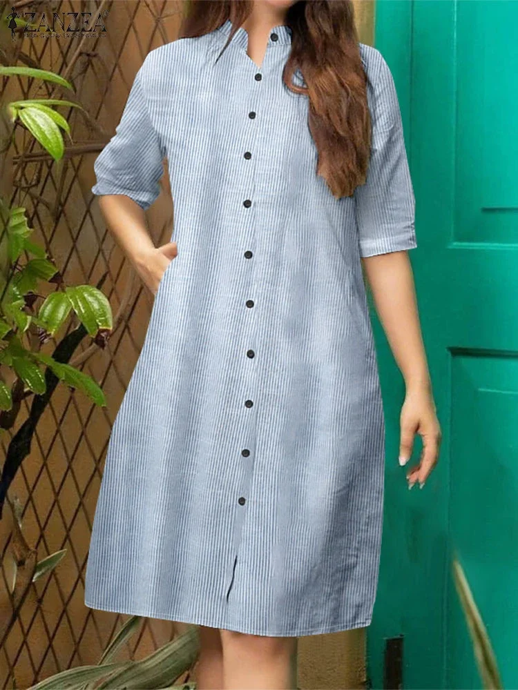 ZANZEA Abito camicia moda donna 2025 Abito autunnale Casual Mezza manica Bottoni Abito longuette Elegante lavoro agitato Vestito estivo Abiti