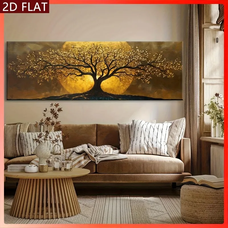 

2D Flat, Frameless Canvas, Golden Tree Art for Home Decoration, for Living Room, Bedroom, Office, Bar Wall Decor, Print Artwork