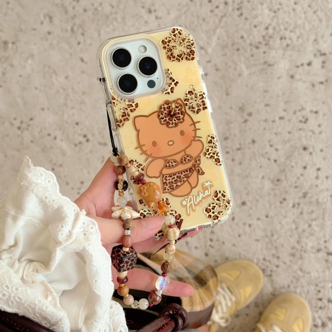 Vintage lindo leopardo Bikini Hello Kitty pulsera accesorio funda de teléfono para iPhone 16 E 15 14 13 Pro Max Y2K cubierta ﻿ ﻿