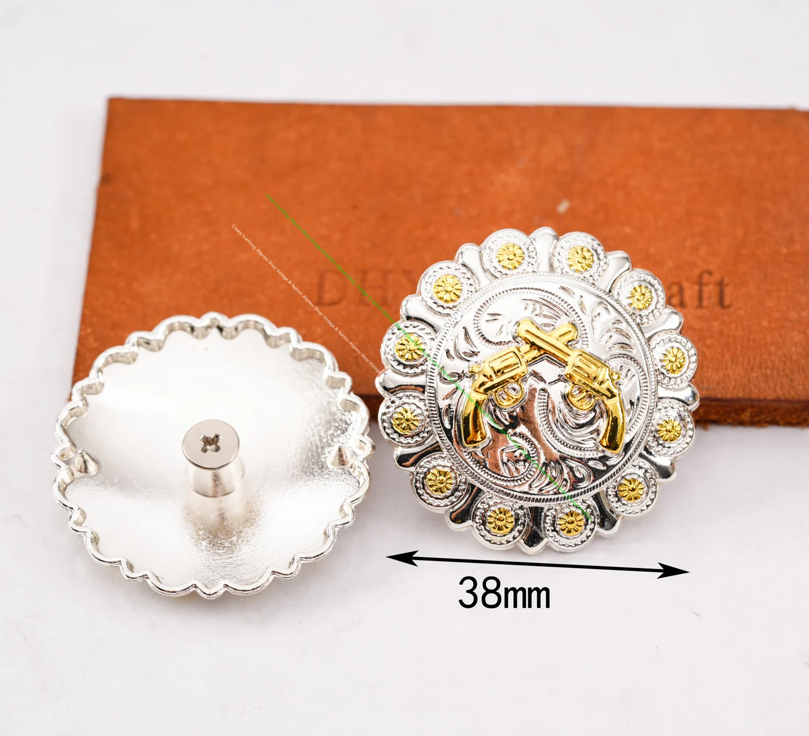 5X38mm Bling srebrny zachodni złoty pistolet pistolet krzyżowy skórzany pasek koński Headstall siodła pinezki Conchos zachodni pasek wystrój — zdjęcie 6