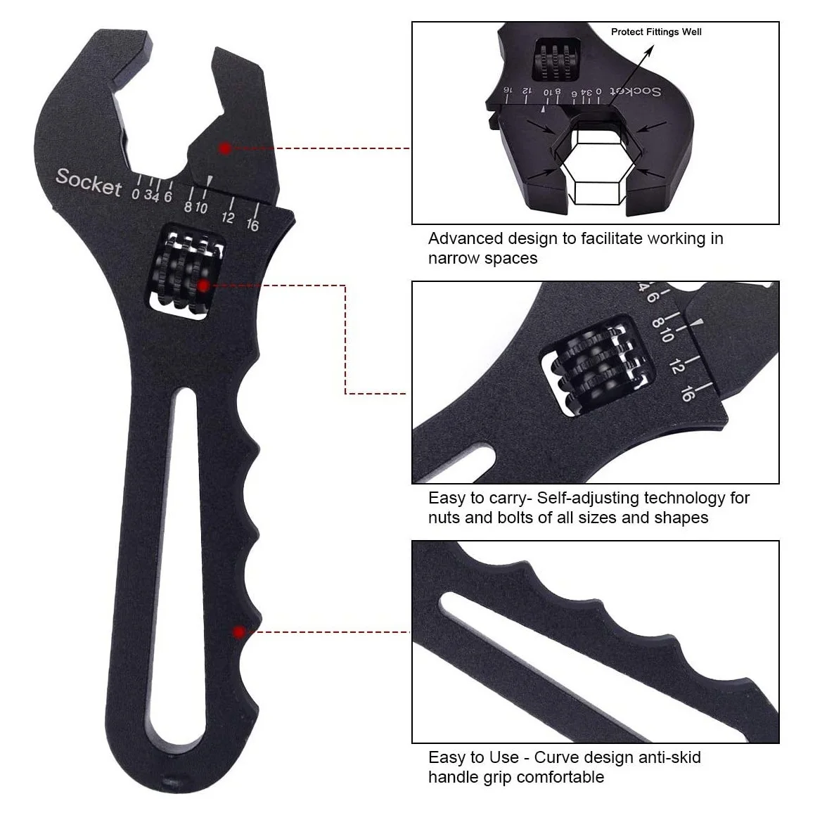 Adjustable Wrench an Wrench Aluminum Wrench Hose Fitting Tool Aluminum Spanner AN3-AN16 - Red