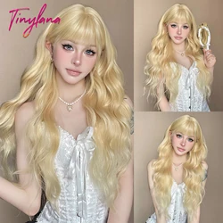 Long Golden Blonde Curly Wavy Synthetic Wigs with Bangs for Women Cosplay Lolita Blonde Wig Natural Use Heat Resistant Fake Hair