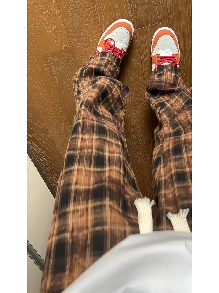 

American Retro Plaid Pants Men's Spring Autumn Straight Leg Brown Casual Loose BF Lazy Sle Wide Leg Pants