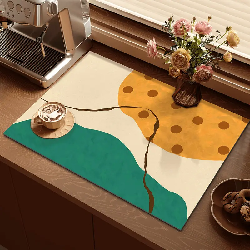 VIKAMA Abstract Color Block Drying Mat Orange Dot Print Non Slip Heat Resistant Pad For Coffee Machine Kitchen Counter Decor