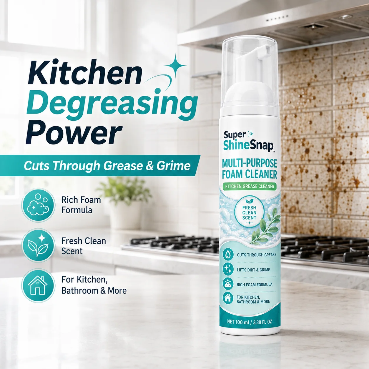 100ml Home Care Foaming Cleaner, Multi-Surface Easy-Wipe Cleaner for Kitchen Grease, Bathroom Residue, Tiles, Cabinets and Countertops