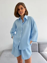 Marthaqiqi Autumn Home Clothes Women Long Sleeve Nightgowns Turn-Down Collar Sleepwear Shorts Causal Ladies Pajamas 2 Piece Sets