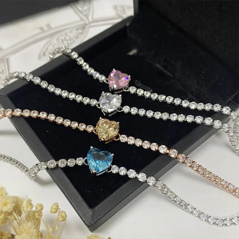 

MDL Moissanite Styl.Lolita Aquamarine Necklace Burst Flash Set 18K Plated Candy Pink Heart Zirconium Choker Bracelet Women