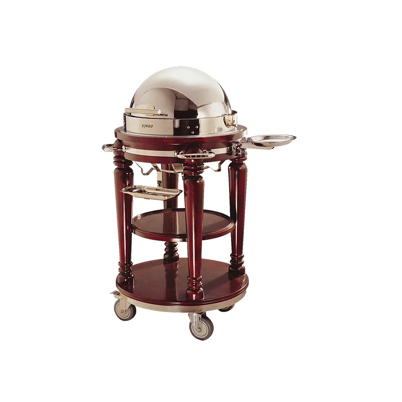 C-29 Hotel & Restaurant 304 Stainless Steel Round Buffet Cart Mobile Food Serving Trolley With Rubber Wood For Serving