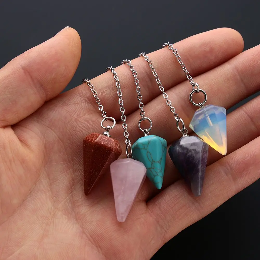 Gift Chain Rose Quartz Hexagon Pyramid Amethyst Amulet Reiki Pendulum Pendant Healing Crystal Natural Stone