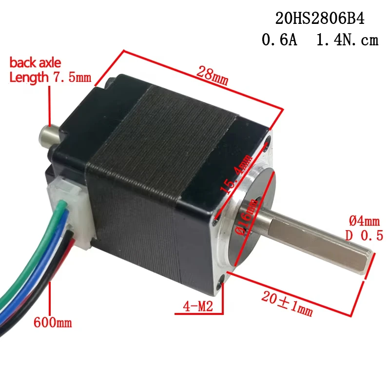 4-Wire NEMA 8 Stepper Motor Fuselage Length 28mm Step angle 1.8° Single Dual Output Shaft 1.4N.cm Current 0.6A/0.2A