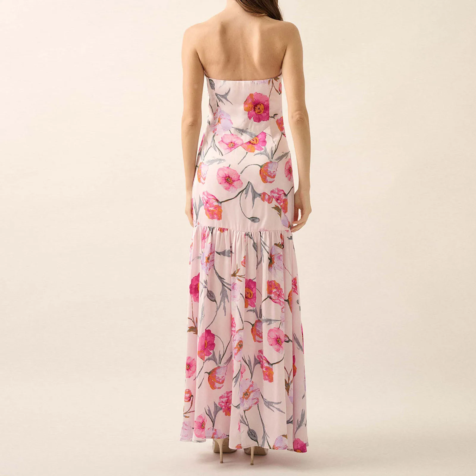 새로운 패션 여성 스트랩리스 드레스 세련된 플로럴 프린트 하이 슬릿 슬리브리스 튜브 롱 드레스 여름 핫세일 S M L