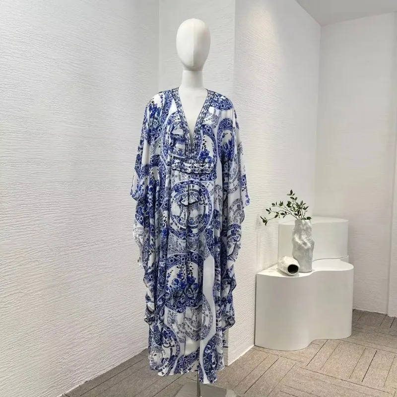 

Vintage Silk Midi Dress for Lady Blue White Porcelain Print Long Sleeve Diamonds Pressed V-Neck Loose Fashion Collection 2024