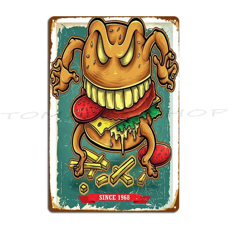 Burger Cartoon Hamburger Cheese Burgers Trading Card Foodie Metal Sign Garage Designing Garage Pub Create Tin Sign Poster