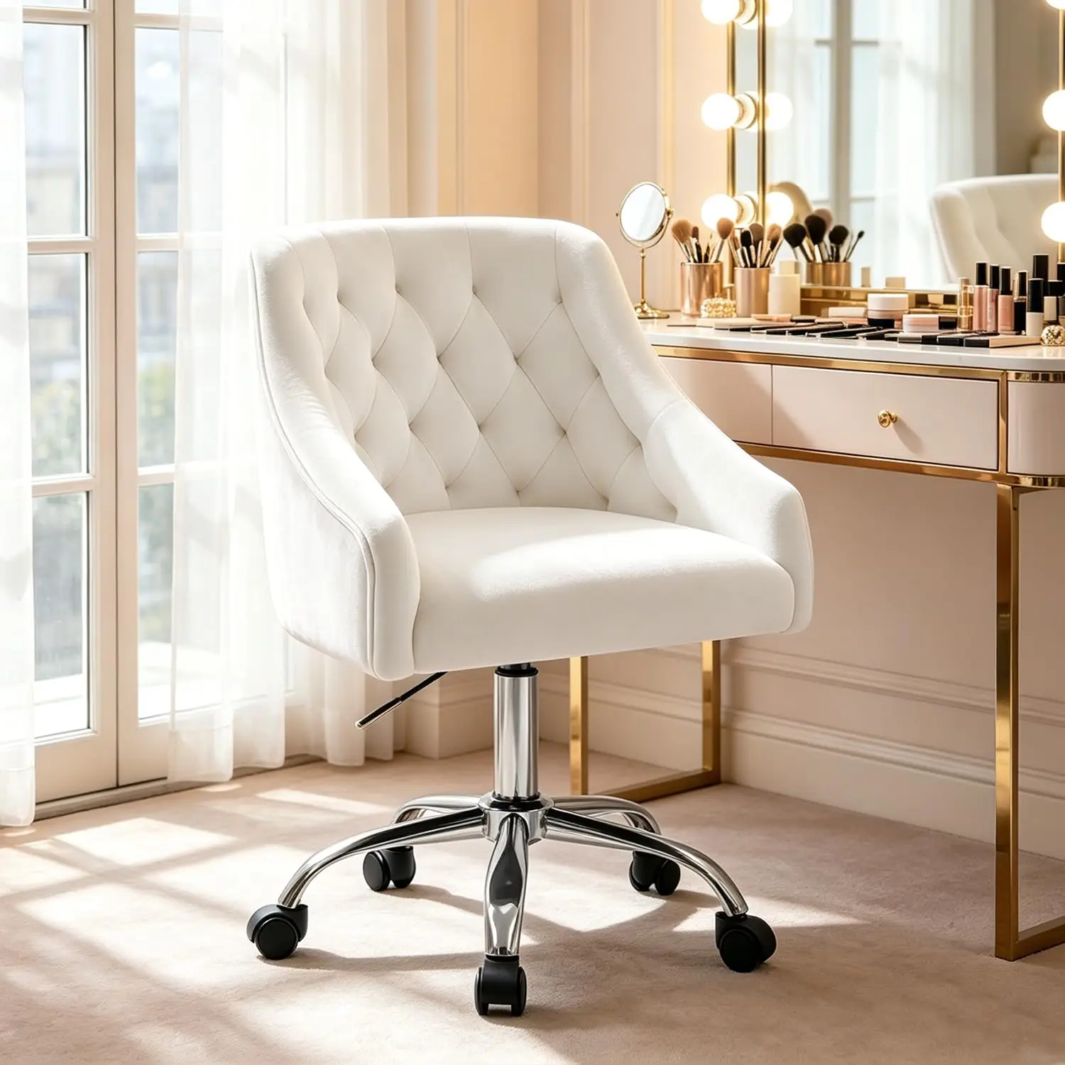 Velvet Office Swivel Chair, Fabric Desk Chairs, Pretty Fancy Chair, Silver Office Chair for Girls, 360°Swivel Heigh
