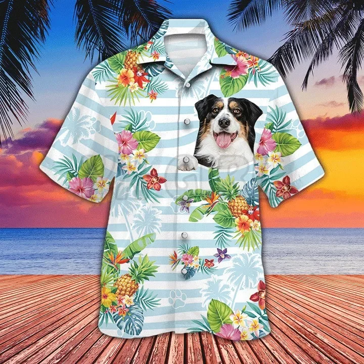 Australian Shepherd Dog Lovers Striped  3D All Over Printed Hawaiian Shirt Men's For Women's Harajuku Casual Shirt Unisex