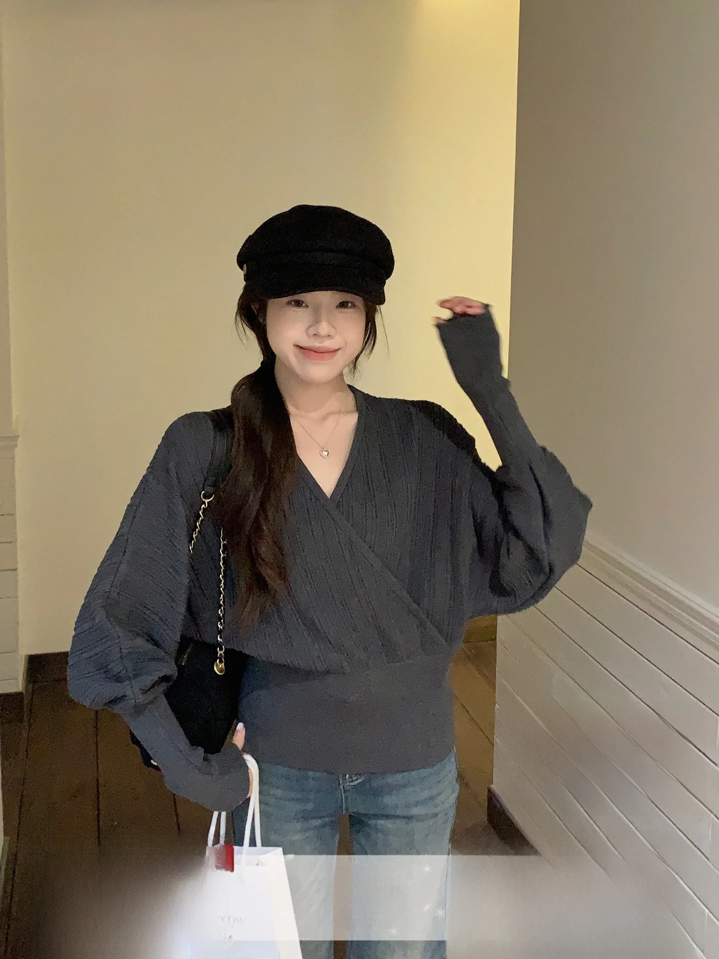 

Женский вязаный свитер с V-образным вырезом и рукавами «летучая мышь», с эффектом утяжки талии, в корейском стиле, с перекрестным узором, базовый слой, весенний топ