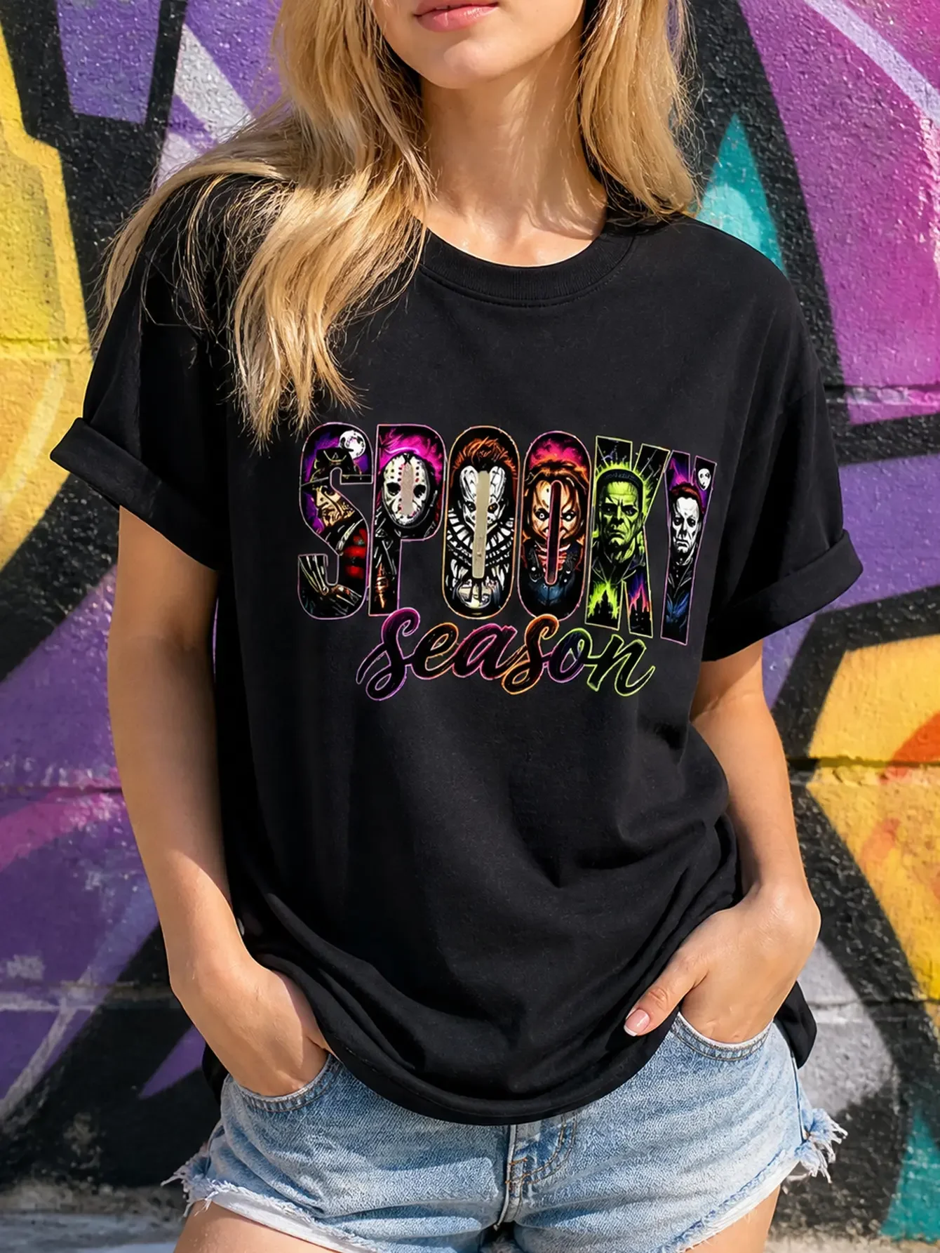 Women's Comfortable Colors Neon Horror Halloween Graphic Tee - Retro Scary Movie, Vintage Horror Character Design - Spooky Season Fall Apparel for Innocence Advocacy