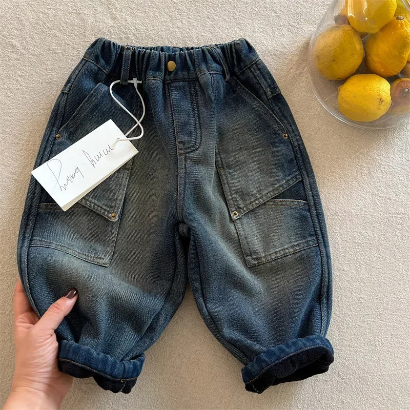 Children's trousers 2024 winter new boys and girls thickened tooling jeans baby personalized casual pants