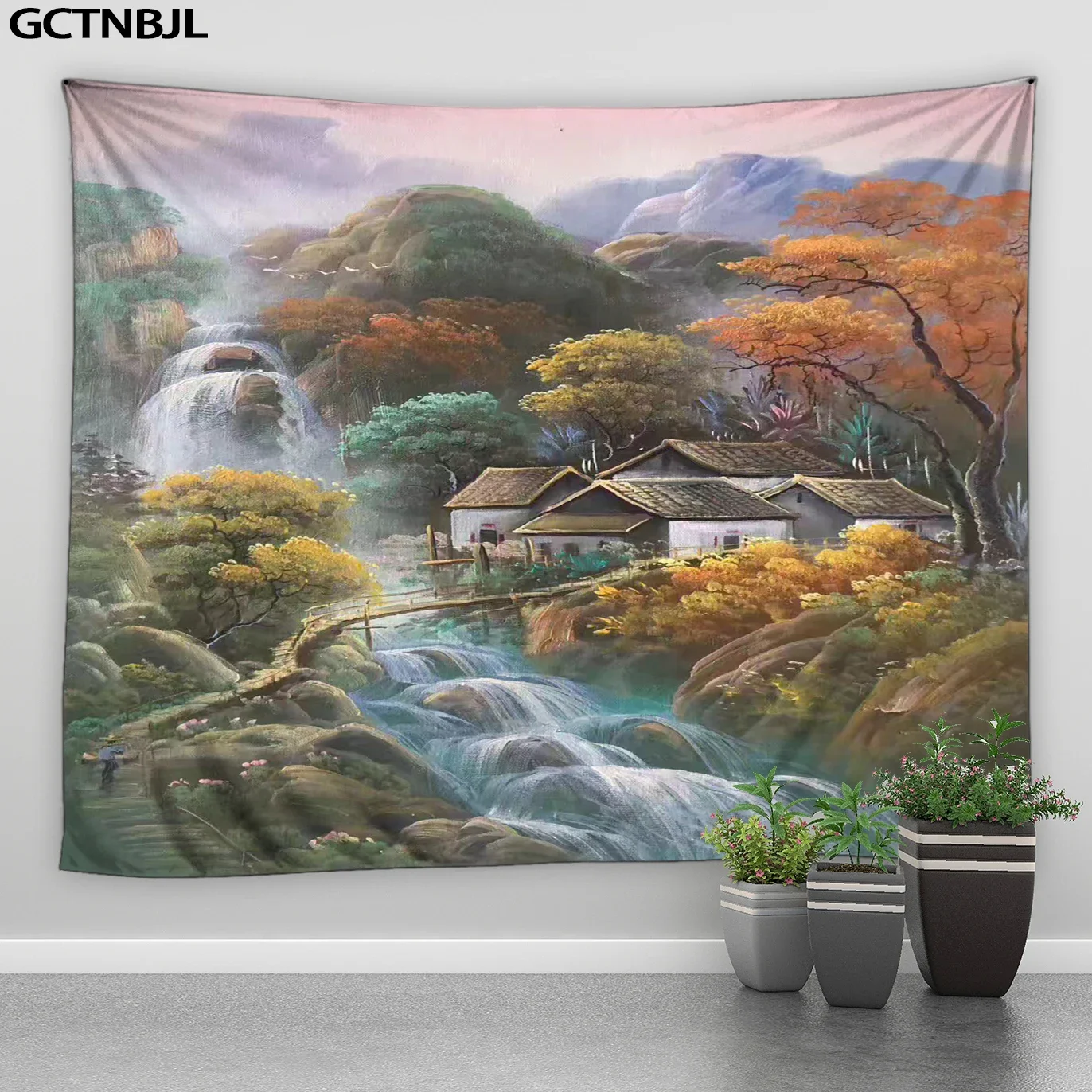 3D Mountain Village landscape Printing Tapestry Wall Hanging Aesthetic Scenery Oil Painting Style Art Home Decor Wall Tapestry