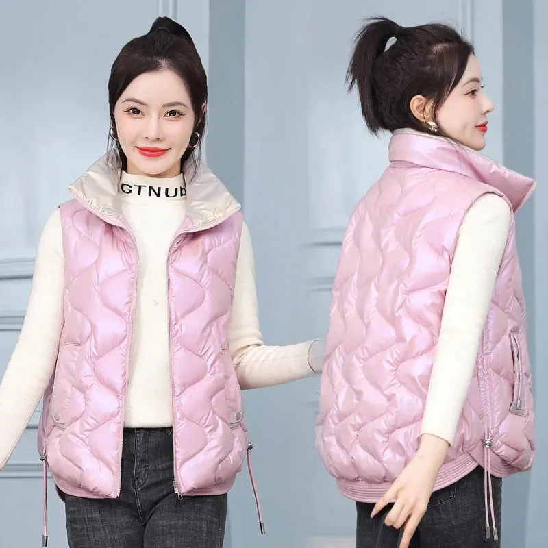 2023 New Women Down Cotton Vest Autumn Winter Warm Stand Collar Slim Fit Sleeveless Outwear Female Fashion Casual Waistcoat