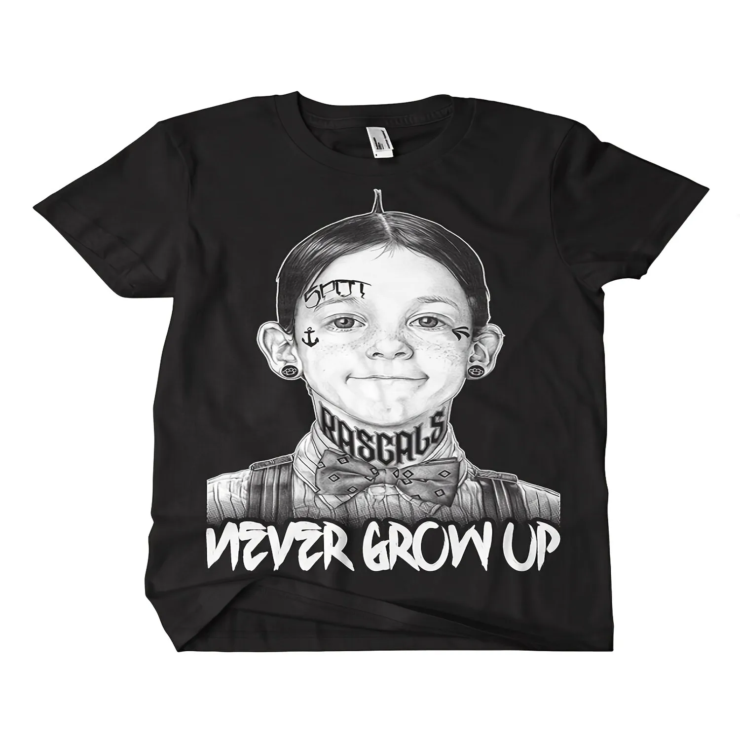 Men's Black Tattoo Graphic T-shirt - NEVER GROW UP Text Design - Gothic Emo Street Style Short-sleeved Top - Regular Fit Suitable for Concerts, Festivals and Daily Wear, Bohemian Fashion, Durable gift for men, everyday wear tee