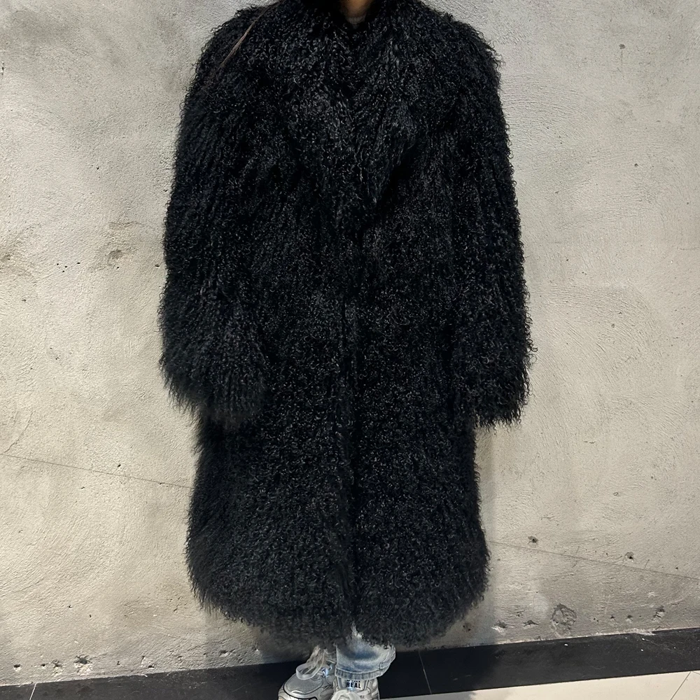 Black Long Mongolian Fur Coats 2024 Warm Curly Fur jacket Winter Natural Sheep Fur Coat