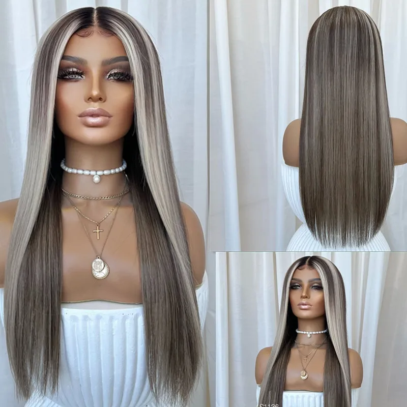 

High Heat resistant wigs Dark Gray Ash Colored Highlights Women Synthetic Lace Front Wigs for women natural hair Long Straight