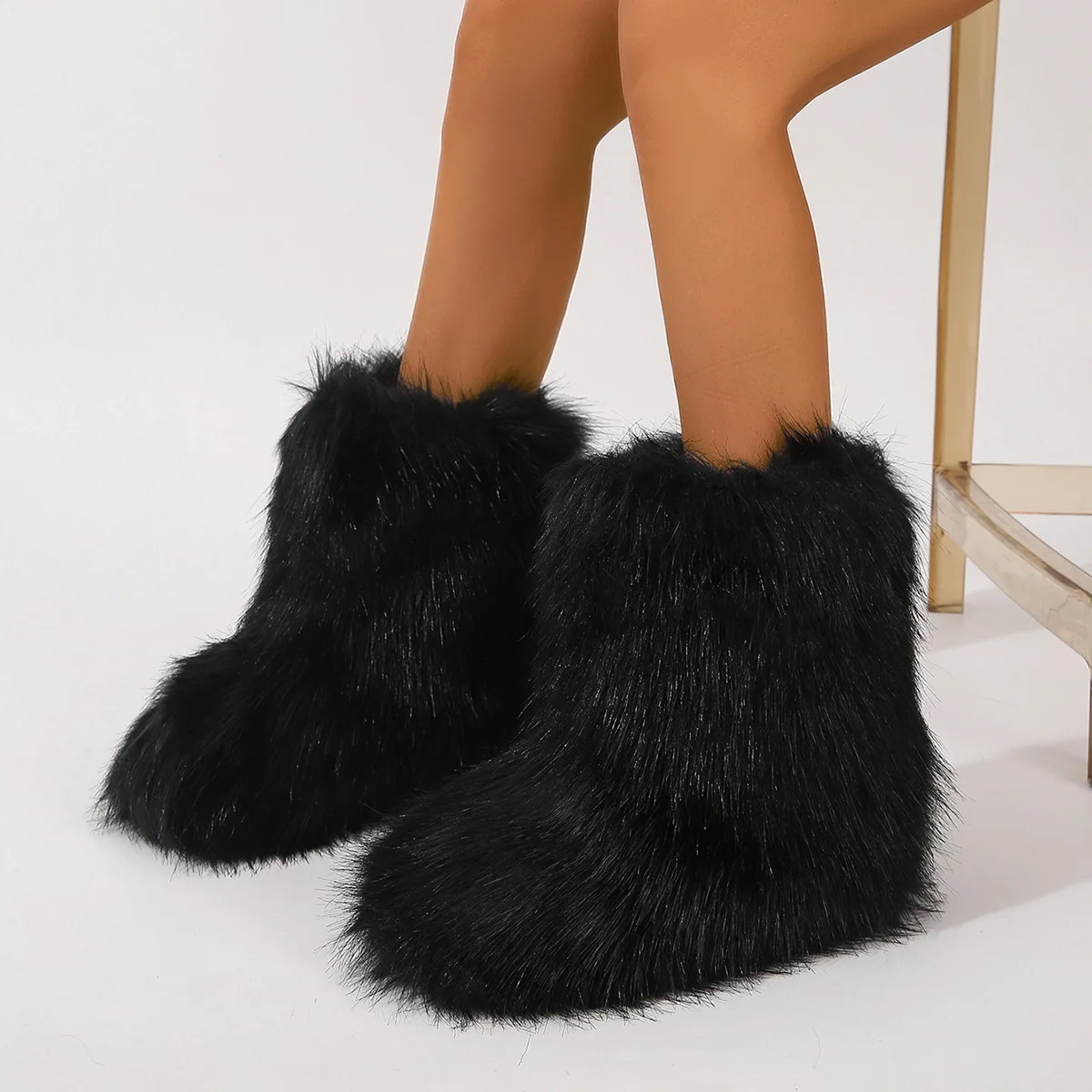 Furry Faux Fur Boots for Women Fuzzy Fluffy Mid Calf Round Toe Snow Boots Comfy Winter Boots Plush Warm Short Fluffy boots