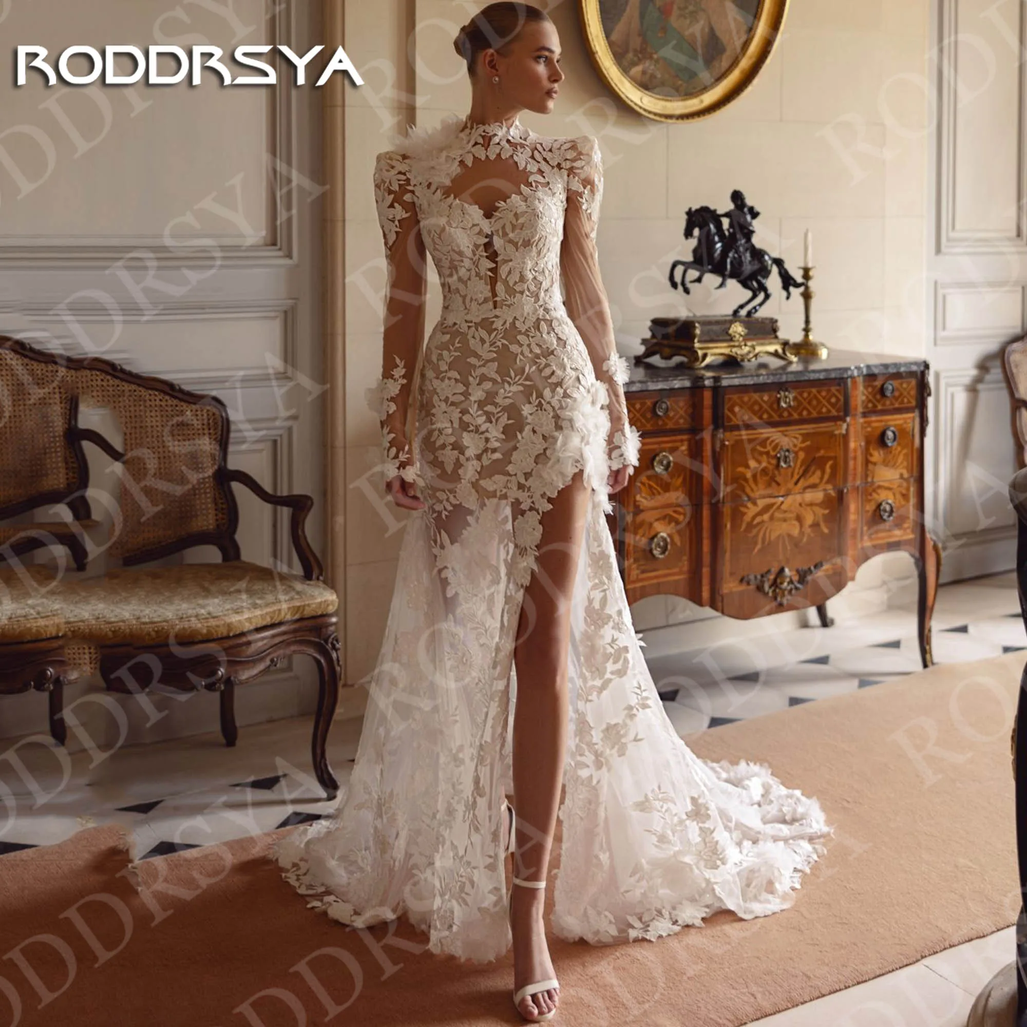 

RODDRSYA Lace Wedding Dress Mermaid Long Sleeve Luxury High Neck High Slit Bridal Dresses Tulle Customized robe de mariée 2026