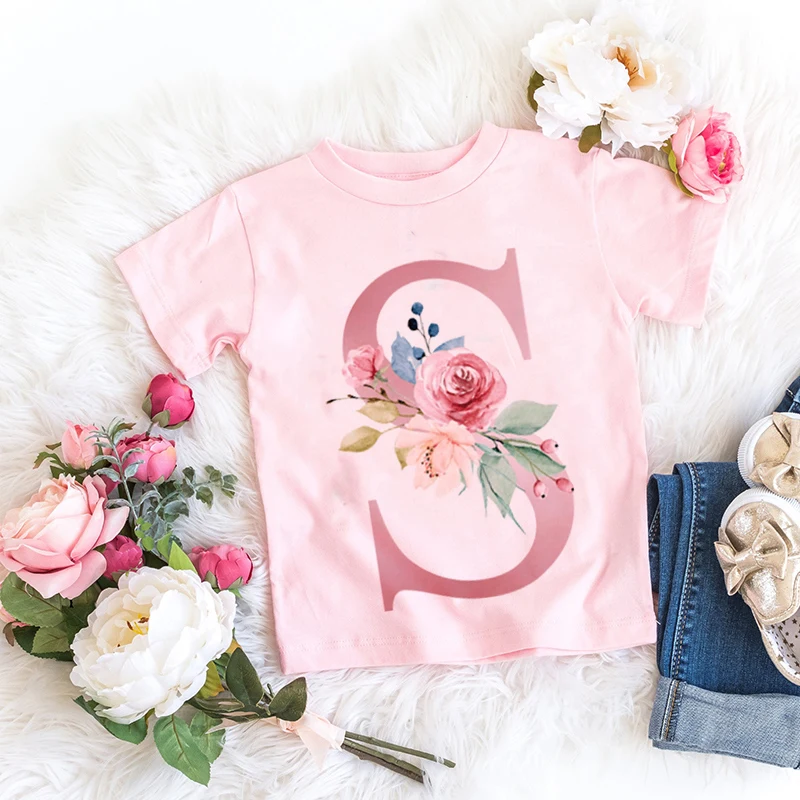 New Pink Flower Letter A B C D Children T-shirt Kawaii T Shirt Anime Cartoons Casual Clothes Kid Girl Boy Short Sleeve Top Tee