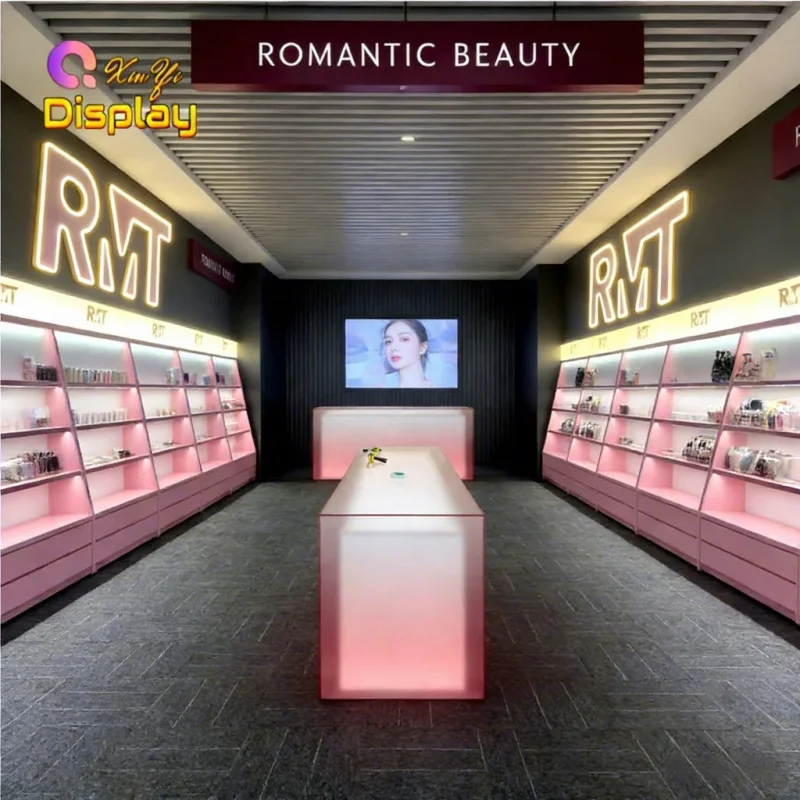 custom.OEM ODM Customizable LED High-end Stainless Steel Heavy Duty Cosmetic Display Stand With Storage Beauty