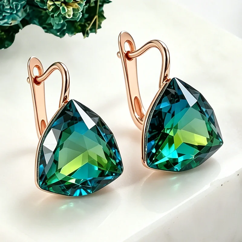 Wbmqda Unique Gradient Green Stone Dangle Earrings For Women 585 Rose Gold Color Luxury Wedding Party Big Zircon Jewelry Gifts