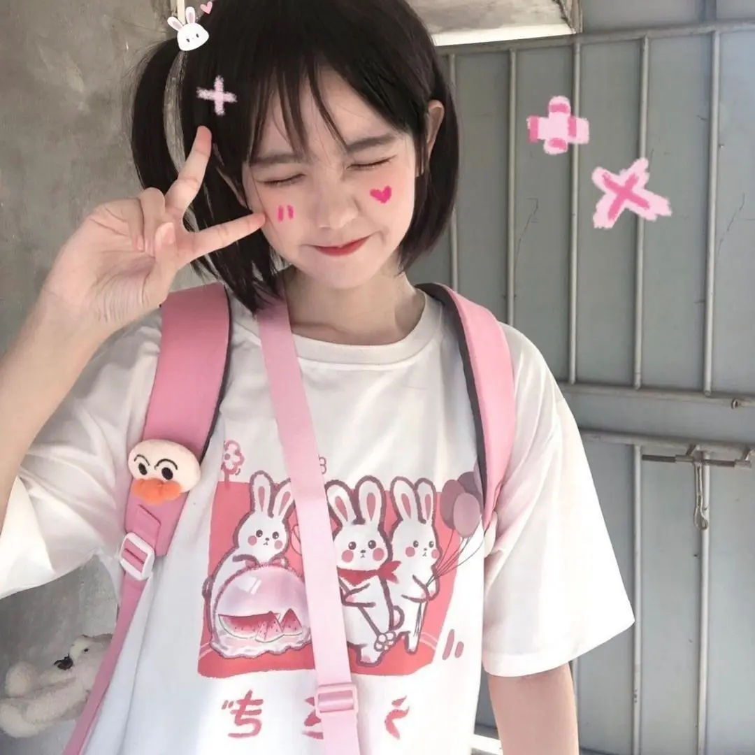 ملابس نسائية كورية أنيقة غير رسمية قميص موهير هاراجوكو مطبوع عليها صورة أرنب لطيف كاواي ملابس للخروجات اليومية للصيف