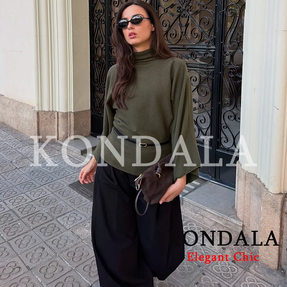 KONDALA Women Fall Elegant Belt Knitted Tops Chic Casual Turtleneck Sweater 2026 Autumn Trendy High Street Commute Waisted Tops