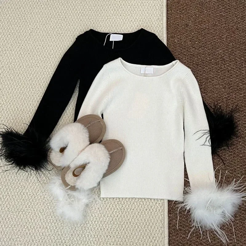 Spring and Autumn Kids Clothes Baby Girls Long Sleeve T-shirts Fashion Solid Color Base with Fringe Fur Sleeves Princess T-shirt