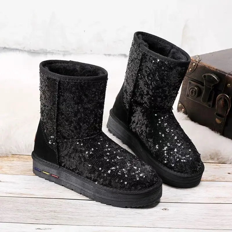 Winter New Women\'s Fashion Sequin Thick Sole Increase Anti slip Snow Boots with Thickened Fleece Warm Shoes