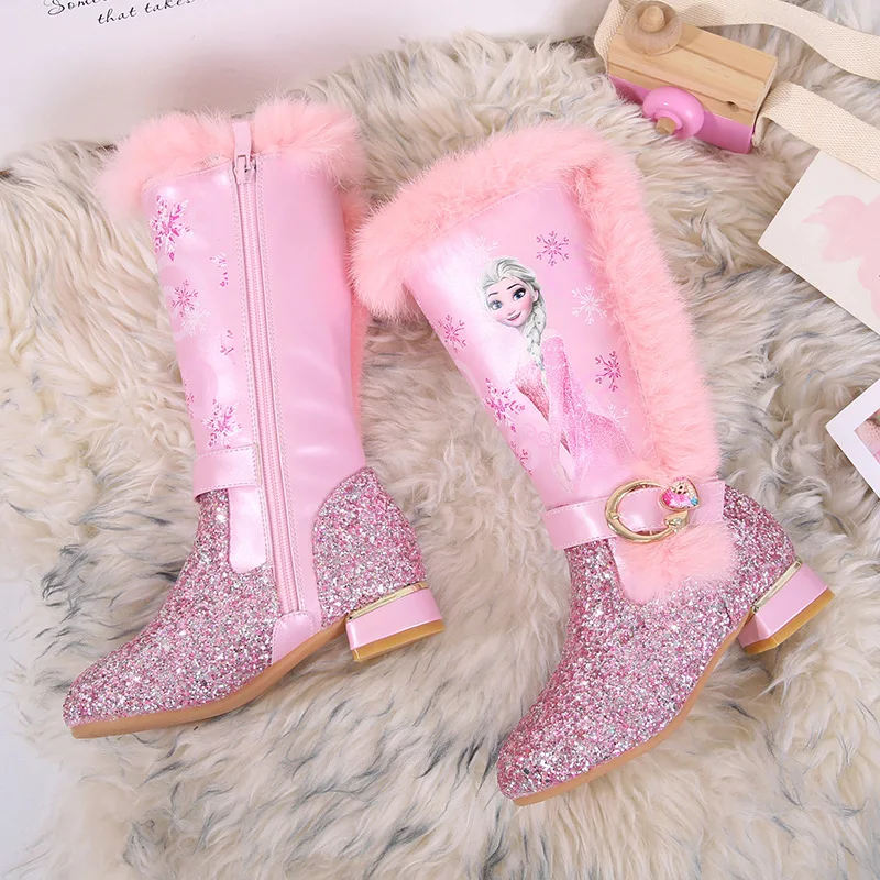 Fashion Pink Girl Shoes Designer Long Boots Disney Children Kids Warm Velvet Boots Shoes Princess Elsa High Heel Boot 26-37