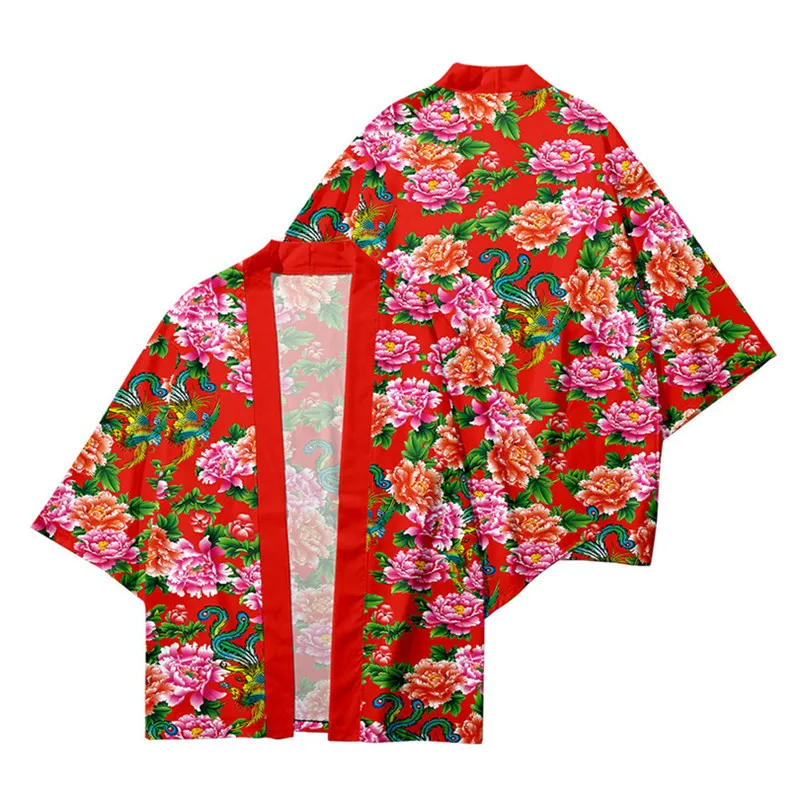 Sakura Flowers Print Yukata Men Women Fashion Cardigan Blouse Haori Obi Asian Clothes Harajuku Japanese Cosplay Kimono