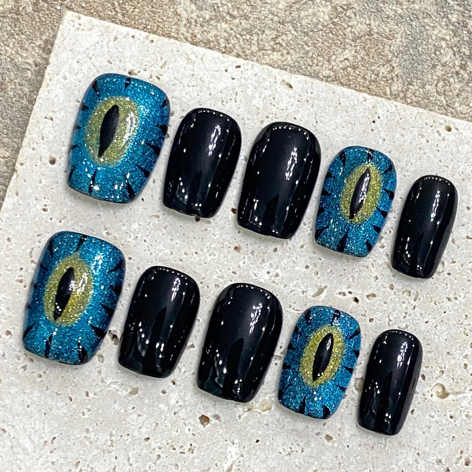 Blue Black Press On Nail Short Square Handmade Shiny Cat's Eye False Nails Full Cover Reusanle Manicure For Party Nail Tips Art